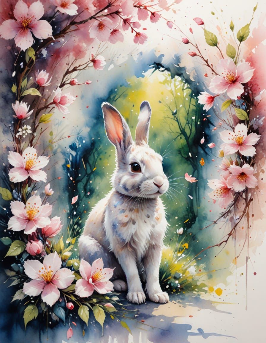 Rabbit in Blossom Tunnel: Stylized Watercolor Art