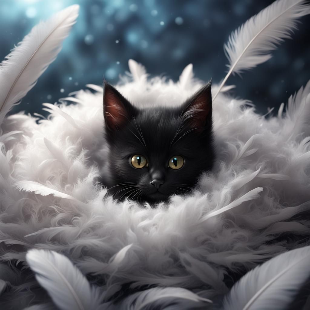 Black Kitten Sleeps on Feather Cloud