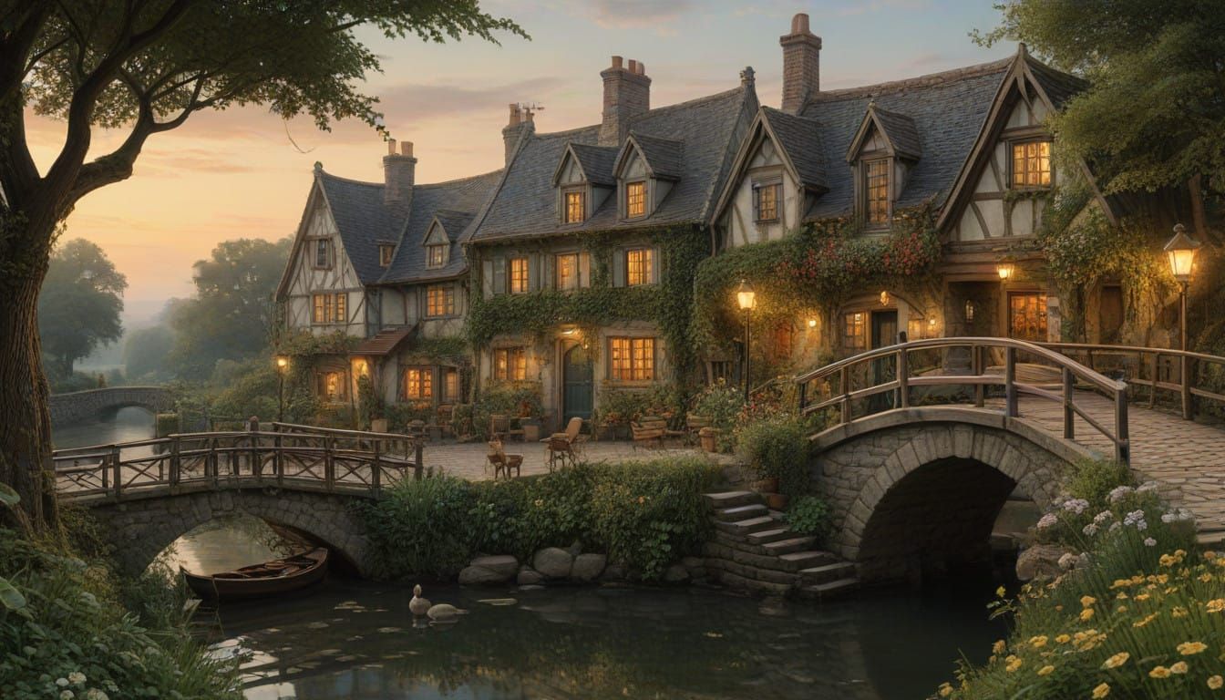 Whimsical Twilight Village Scene, Impressionist Style