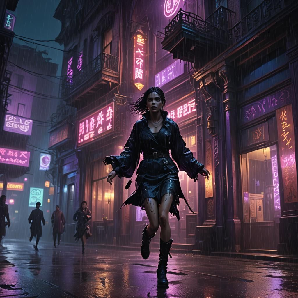 Dark Fantasy: Escape from Neon Brothel in Rain