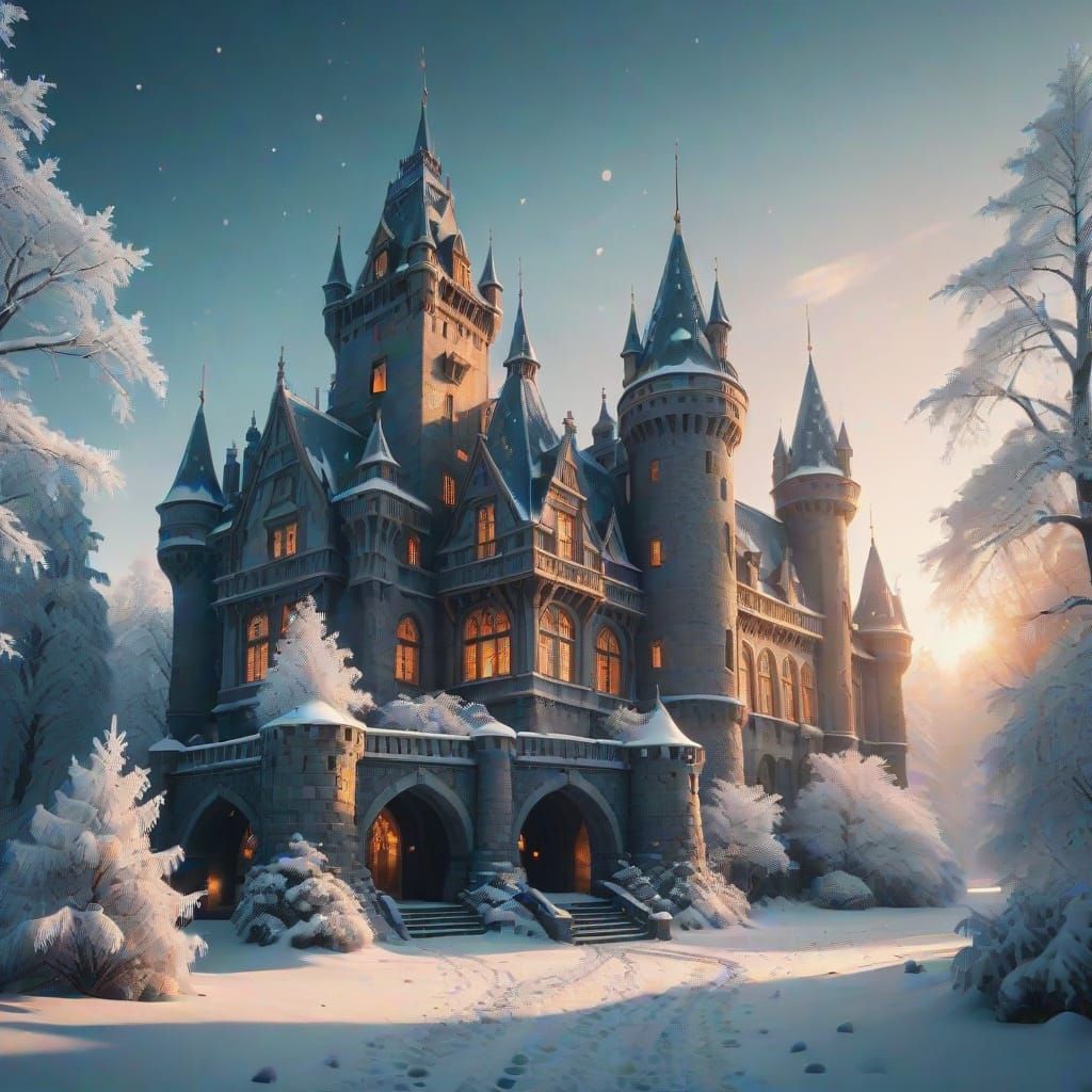 Majestic Winter Castle in Enchanting Snow Globe Scene