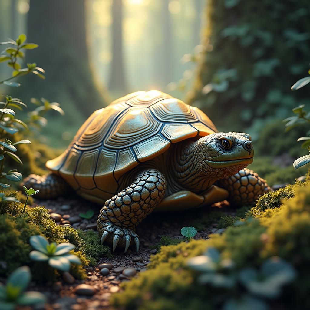 Iridescent Tortoise in Mystical Forest: Matte Painting