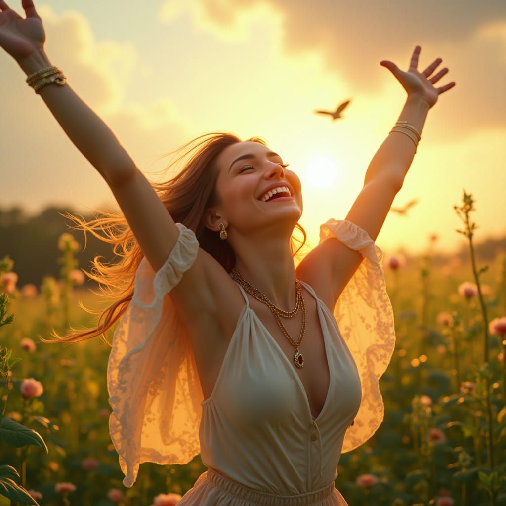 Serene Goddess Radiates Joy in Vibrant Nature Scene