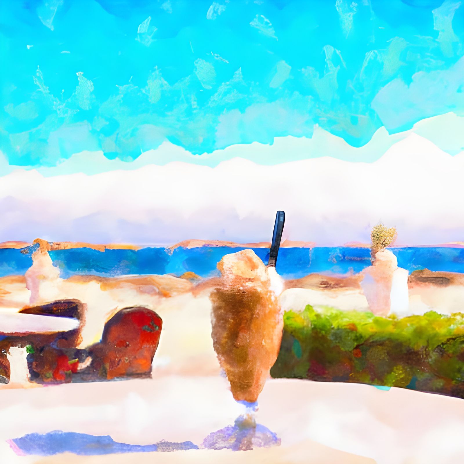 Frappe at Cypriot Beach: Gouache Impressionist Painting
