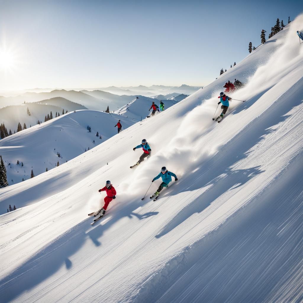 Skiers Zooming Down a Snowy Slope