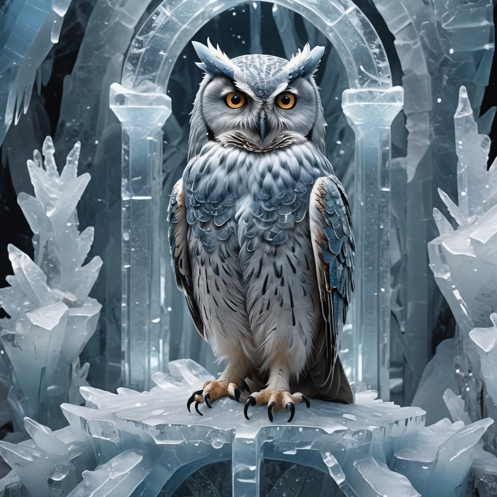 Icy Queen on Throne with Owl in Ice Cavern