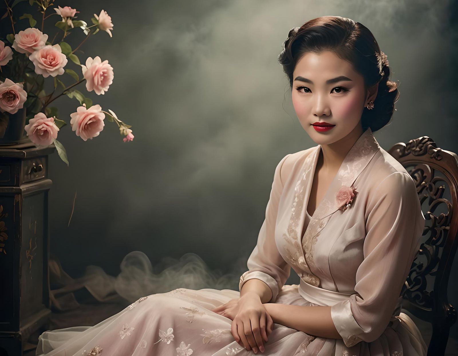 Asian Model in 1950s Attire in Surreal Style