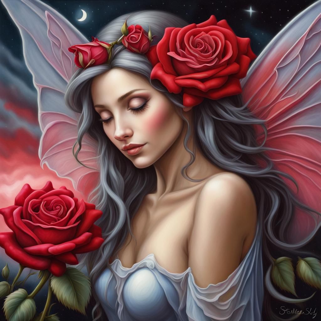 A red rose fairy sitting on top of a red rose, inspired by a...