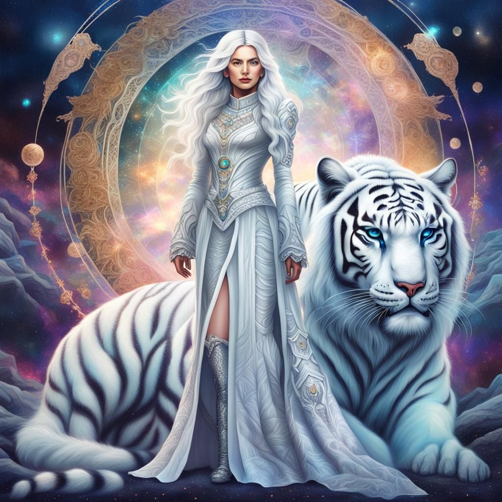 Woman with White Tiger in Cosmic Illustration