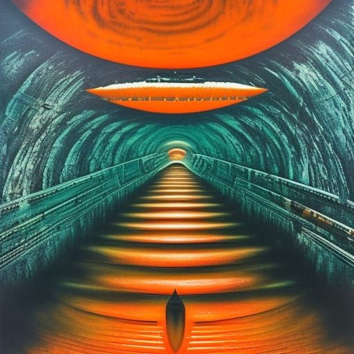 Fall and up down into hell.H.R. Giger Killian Eng orange and teal futurism acrylic art shadow depth expansive horror