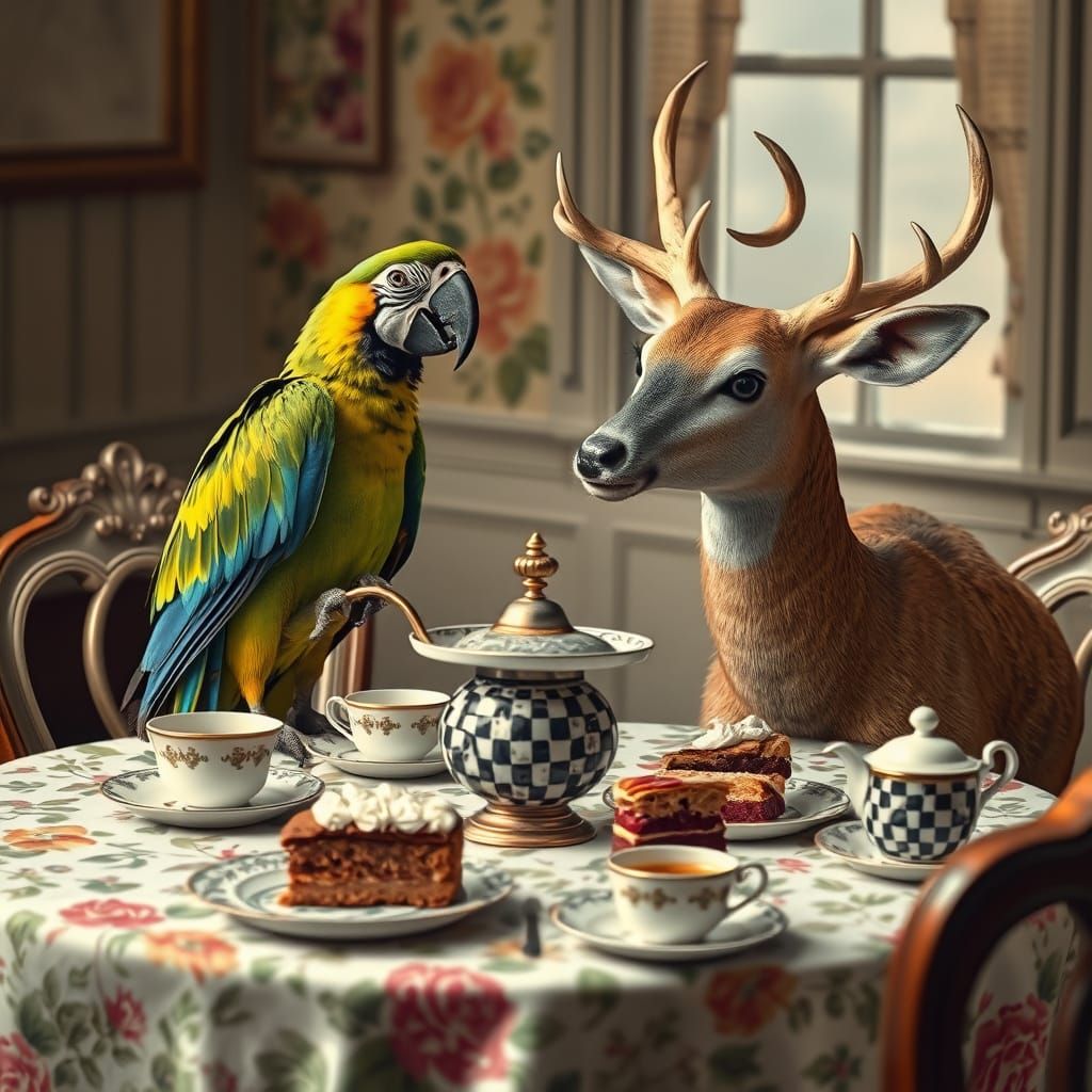 Parrot and Deer Enjoy Whimsical Afternoon Tea