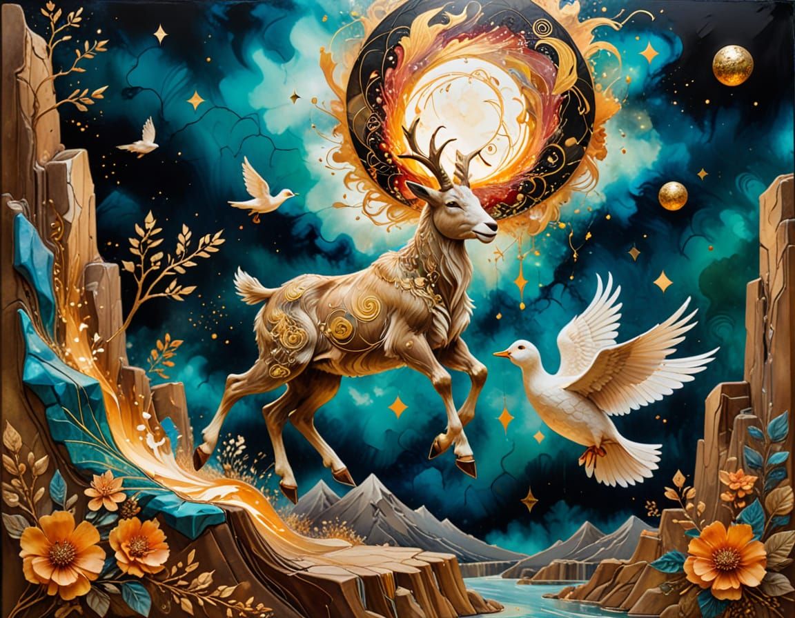 Goat Slam Dunk in Surrealist Kintsugi Style