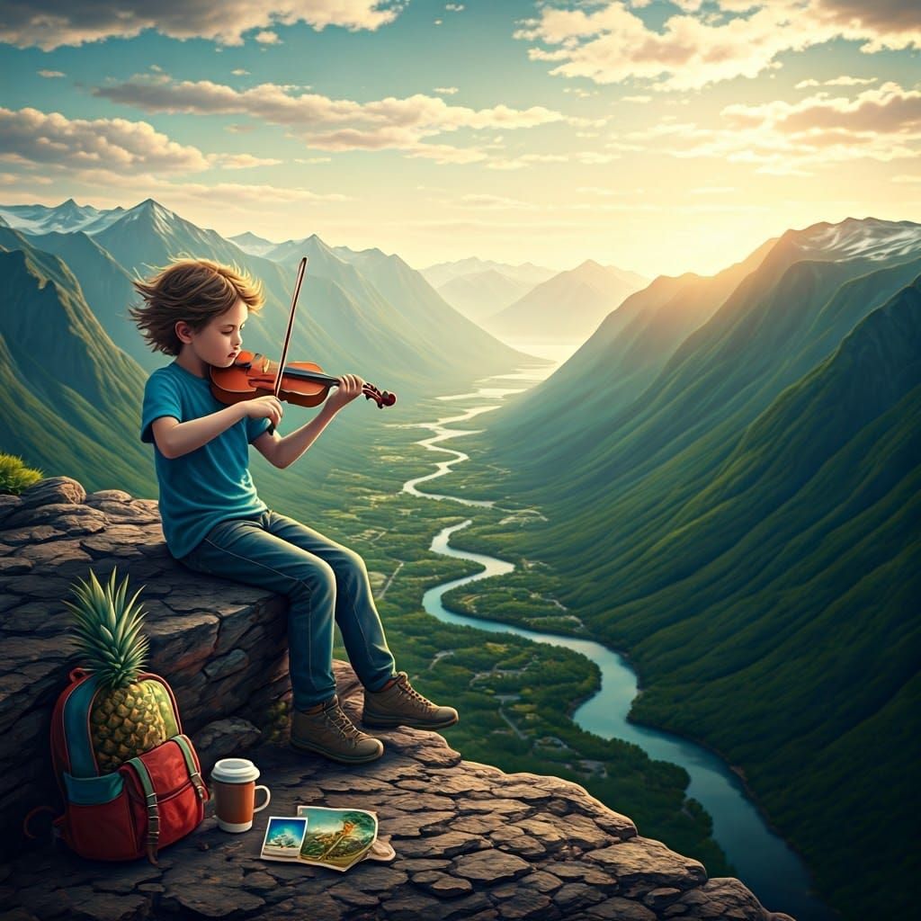 Joyful Boy Plays Violin on Rugged Mountaintop