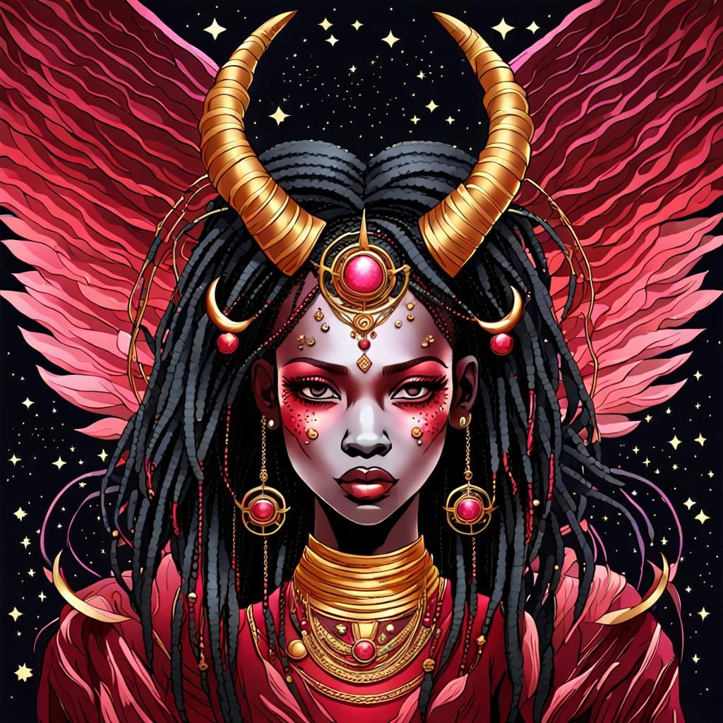 Demonic African Angel with Golden Horns