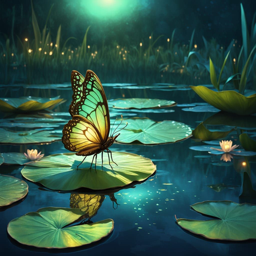Brass Butterfly on Moonlit Pond: Digital Art