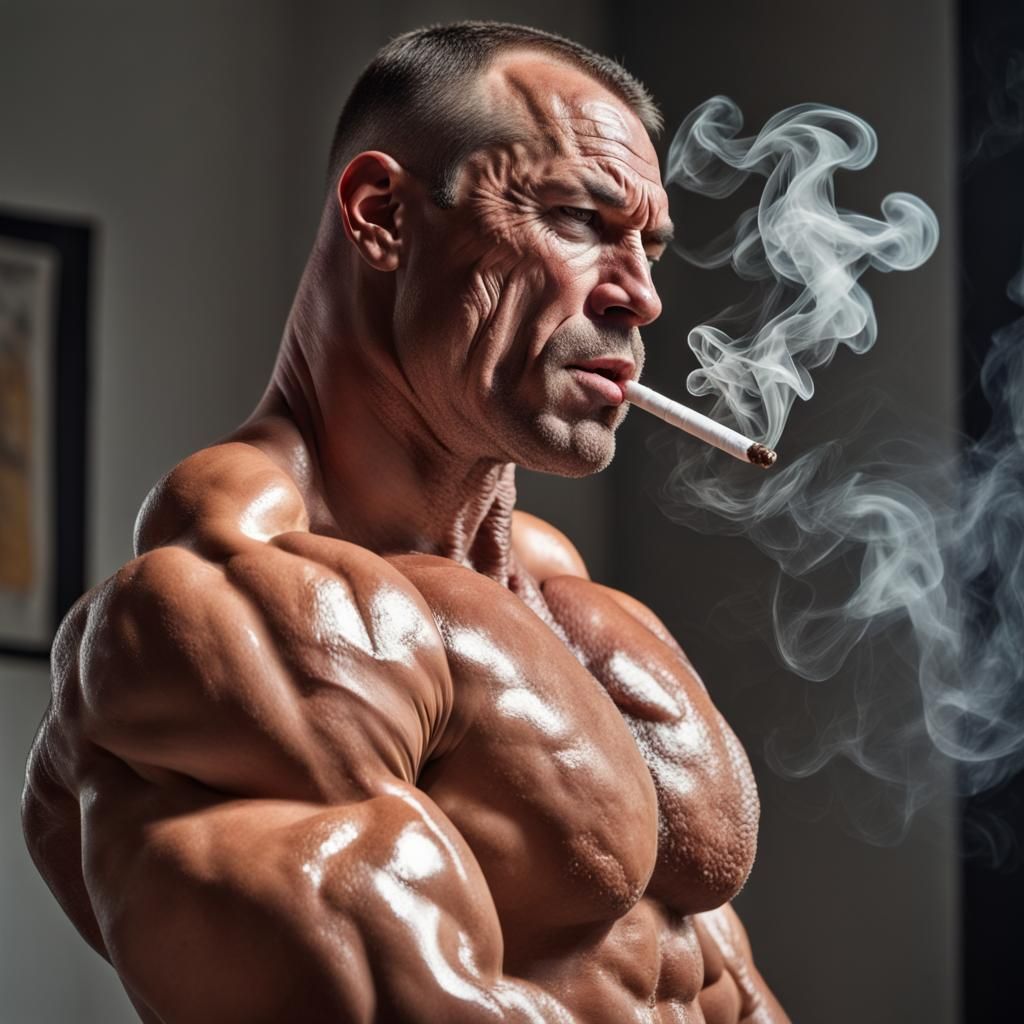 Hyperrealistic Bodybuilder Smoking Cigarette