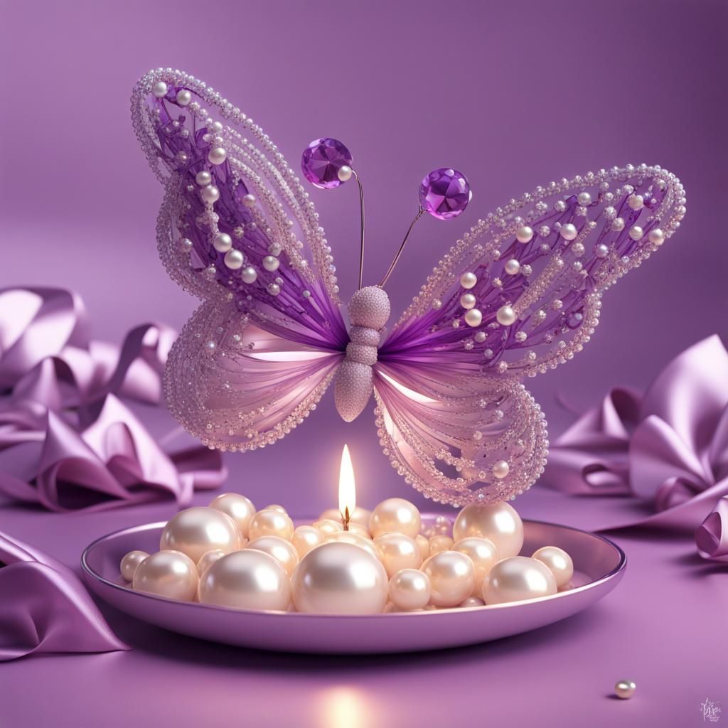 Lilac Candle with Ribbons and Quartz in 3D Render