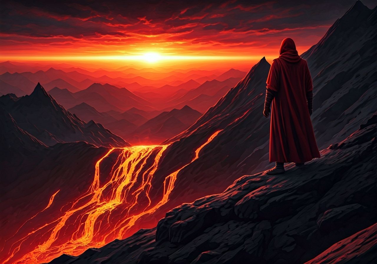 Volcanic Sunset: A Crimson-Clad Figure's Fiery Vista