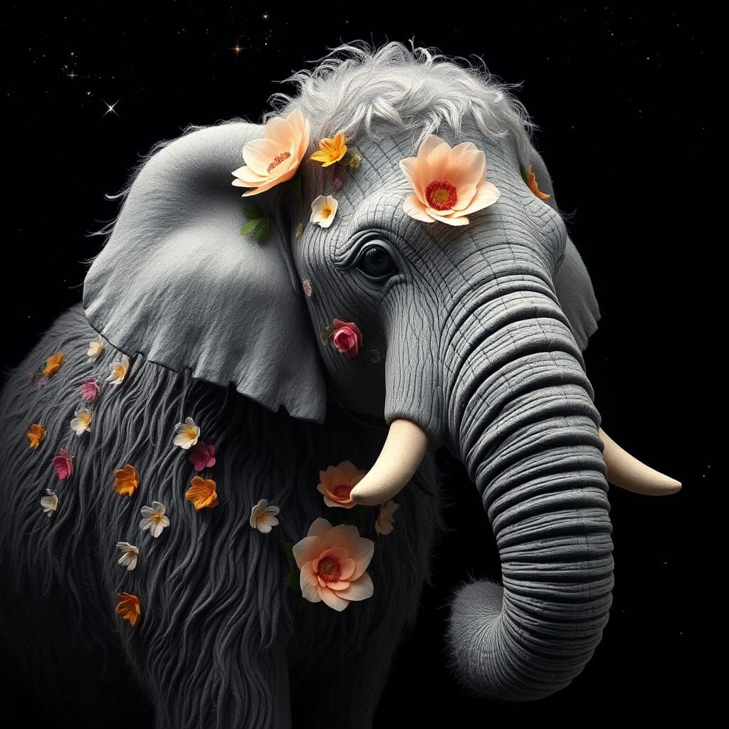 Wool Elephant in Space with Flowers, Digital Art