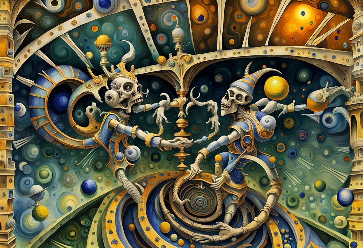 Two yellow jesters with lapiz lazuli crystal clock heads, Mescaline and DMT art, Hyeronimus BOSCH, H.R. GIGER, M.C. ESCH...