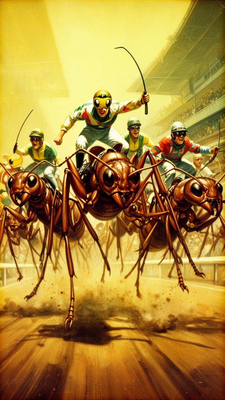 Giant Ant Race with Jockey-Like Riders in Vintage Technicolo...