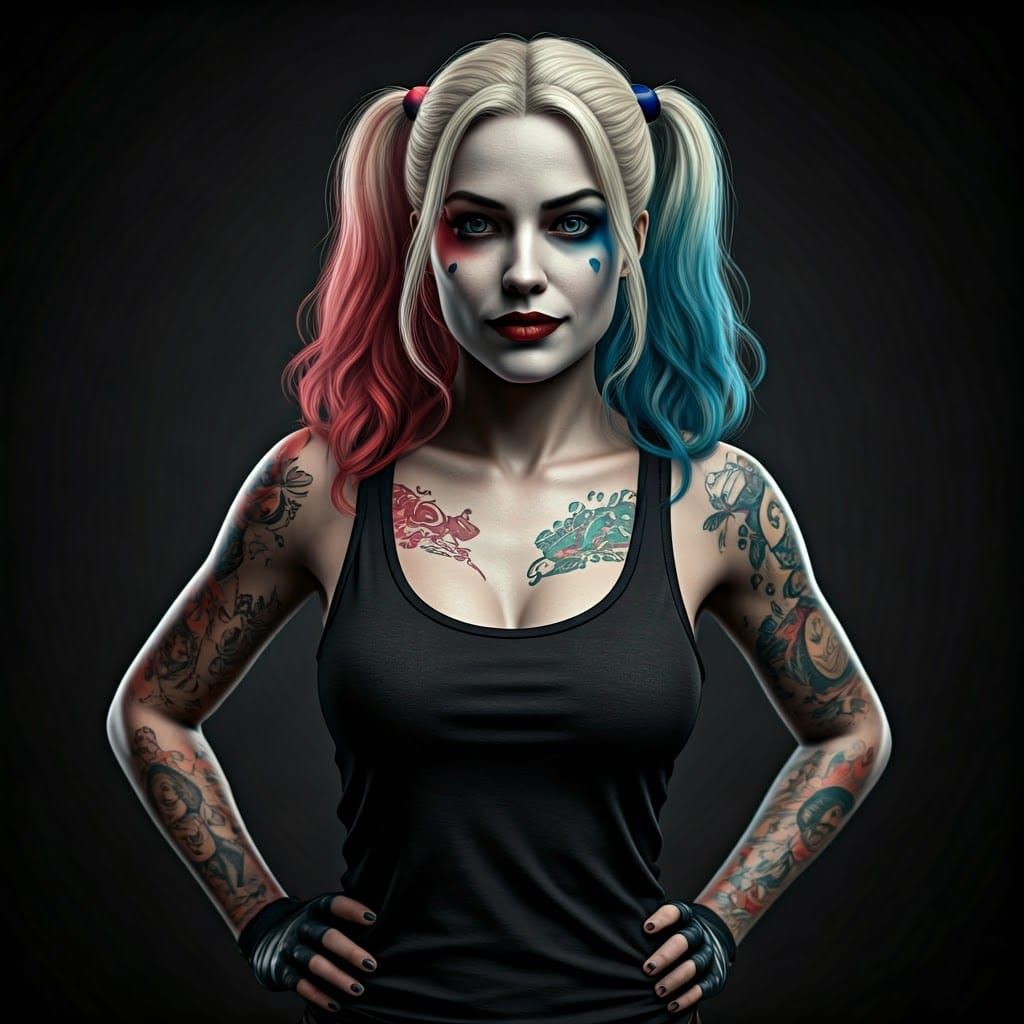 Tattooed Harley Quinn in Black Tank Top