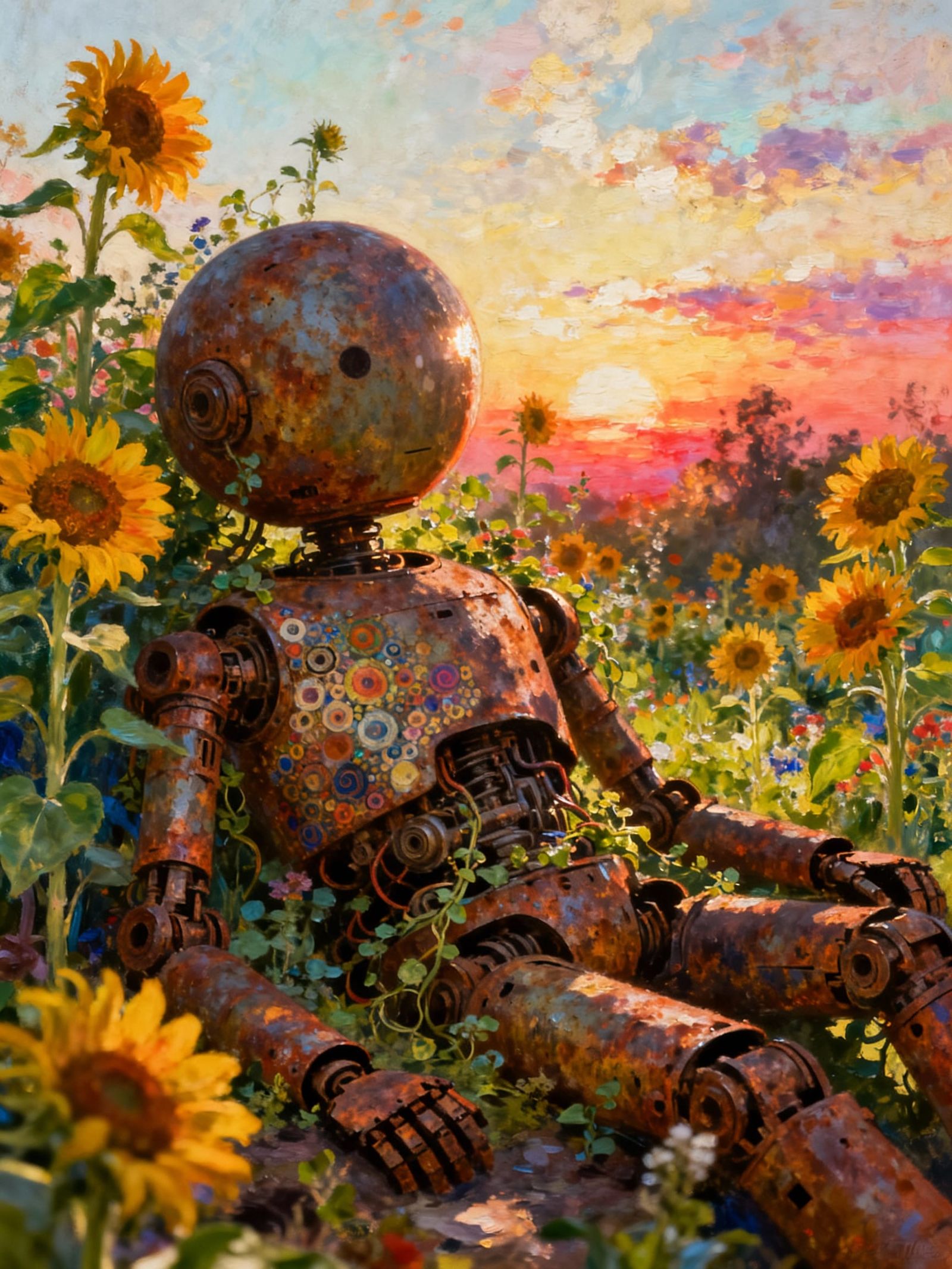 Rusty Robot Reclines in Surreal Sunflower Garden at Sunset