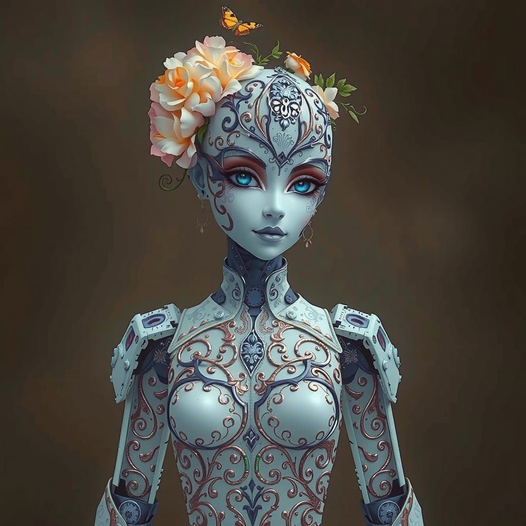 Elegant Steampunk Cyborg with Floral Etchings