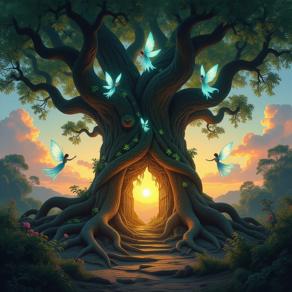 Ancient Tree Gateway to Another Realm with Luminescent Flora