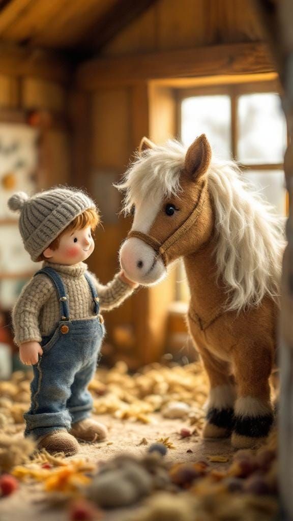 Felted Farmer Boy Brushing Horse in Yarn Barn