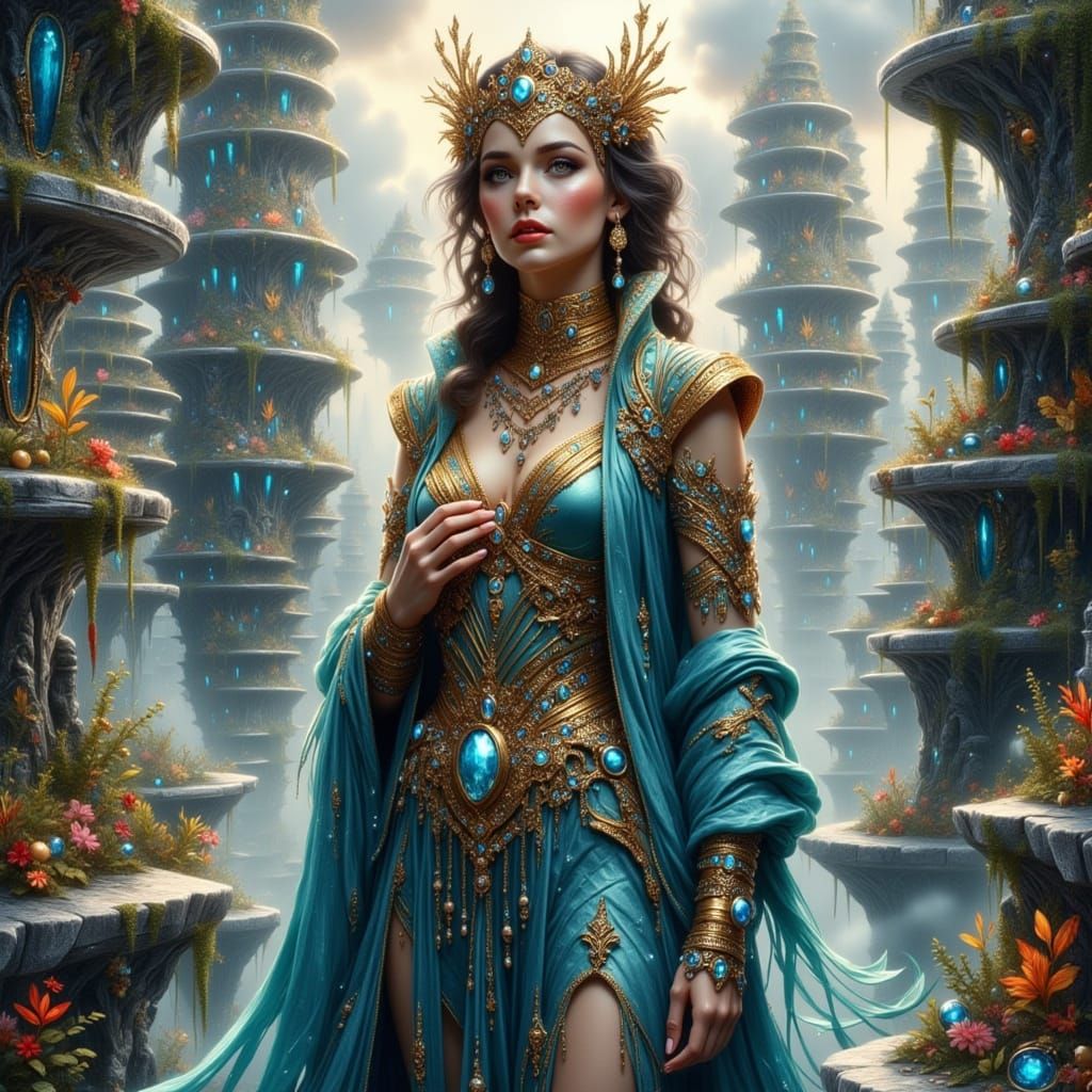 Ethereal Cityscape with Jeweled Maiden
