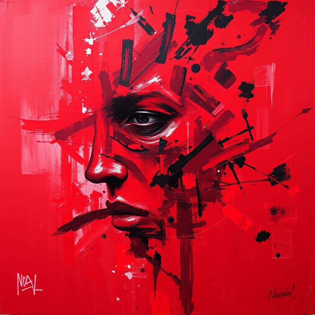 Abstract Expressionist Face in Crimson and Carmine