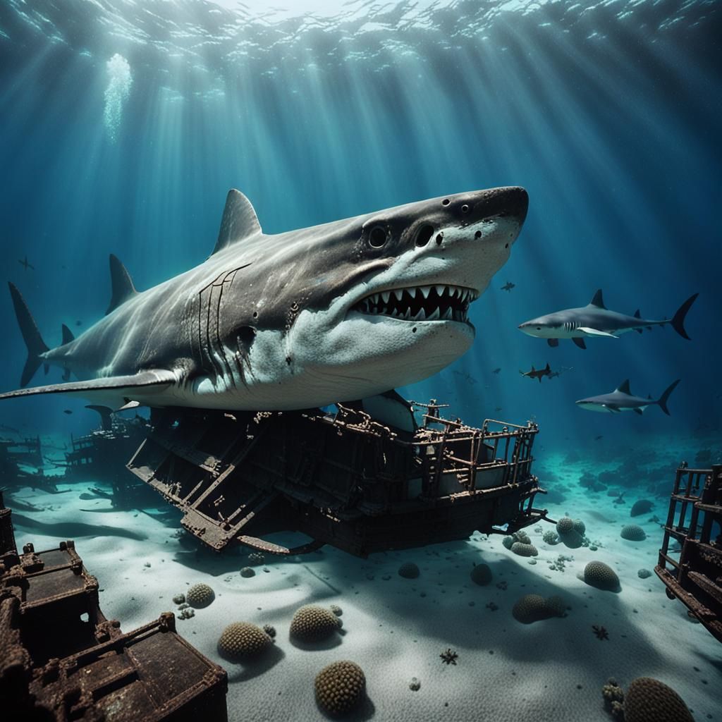 Dramatic Shipwreck Scene with Shark in Cinematic Style