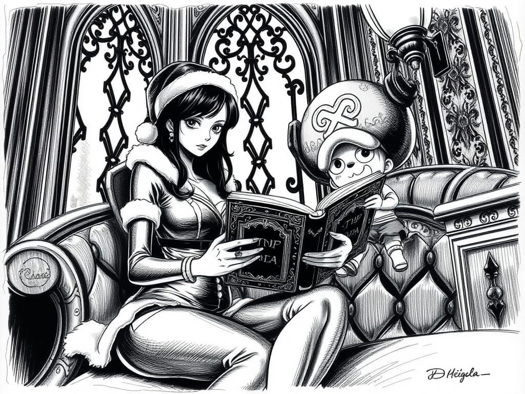 Nico Robin reading a story book to Chopper.