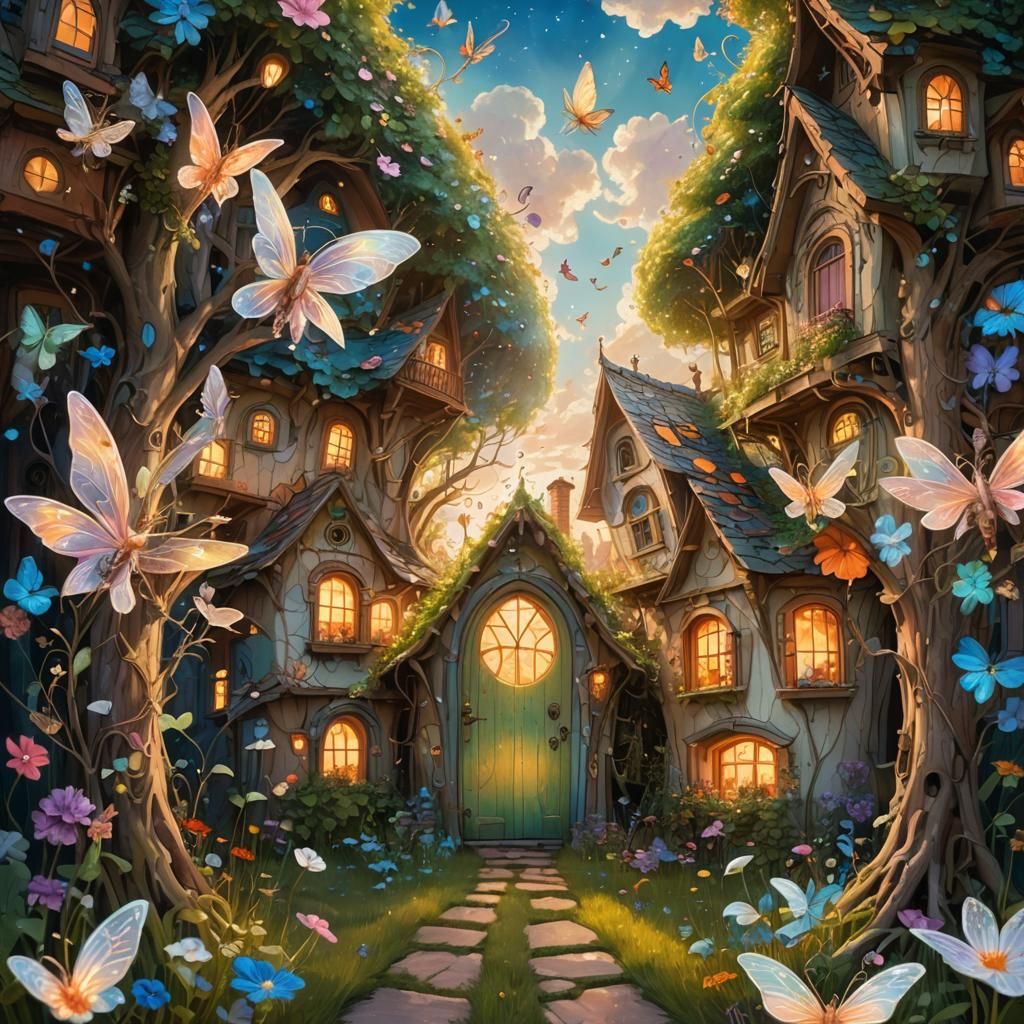 Fairies in Surreal Dreamscape Meadow, Abstract Fauvism