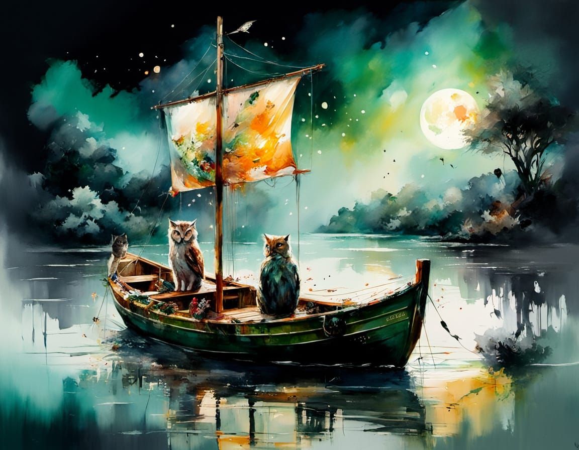 Owl and Cat in Green Boat: Watercolour Art