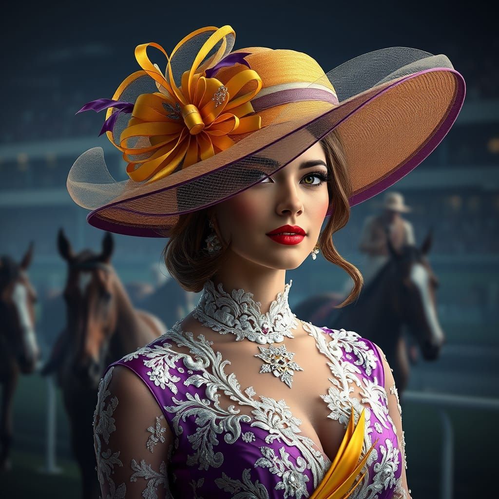 a lady with an Ascot hat in a delicate, luxurious silk dress made of the finest white lace and rhinestones. In the backg...