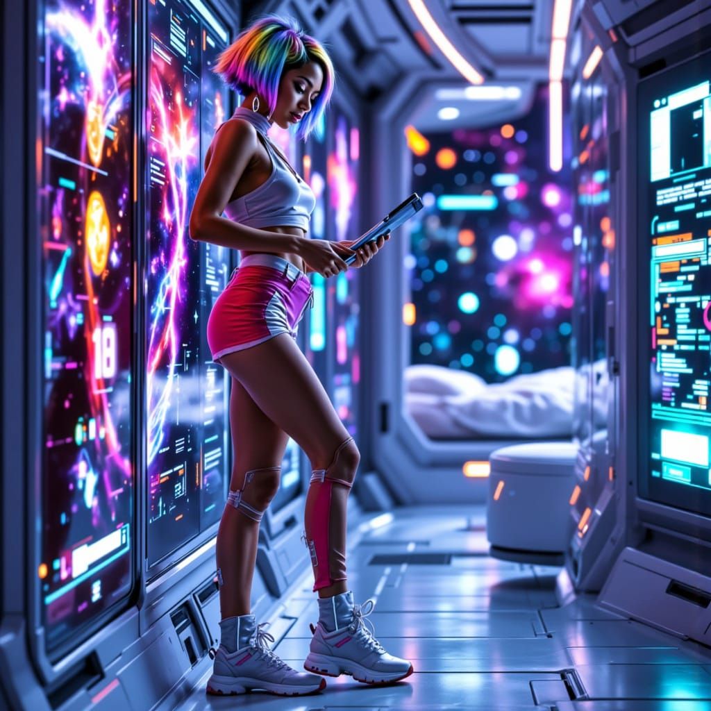 Futuristic Sporty Woman in Sci-Fi Bedroom
