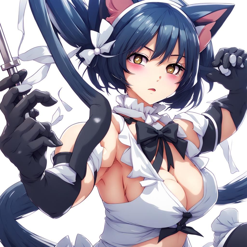 Charming Cat-Eared Maid with Daggers in Anime Style