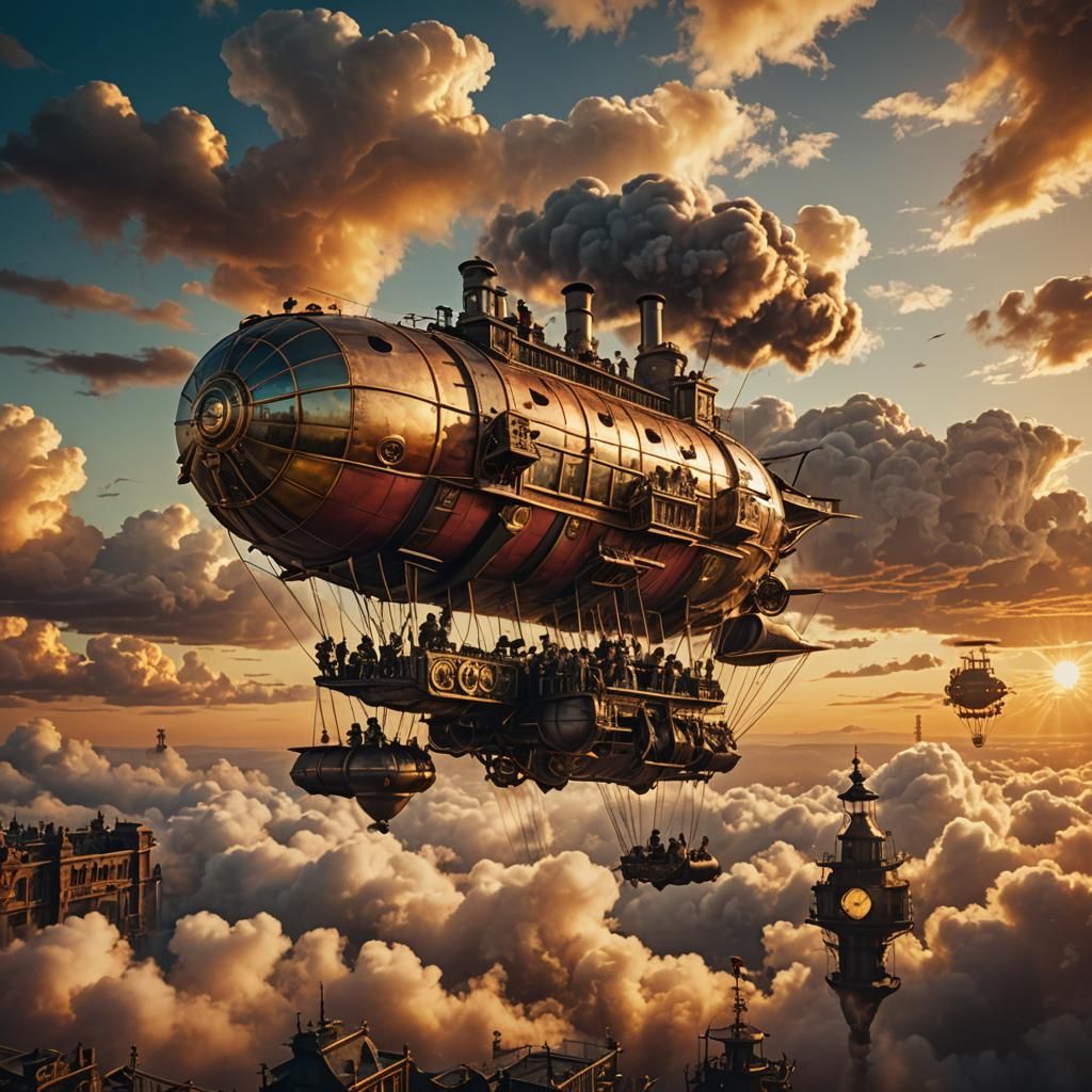 Steampunk Airship Soaring Through Sunset Skies
