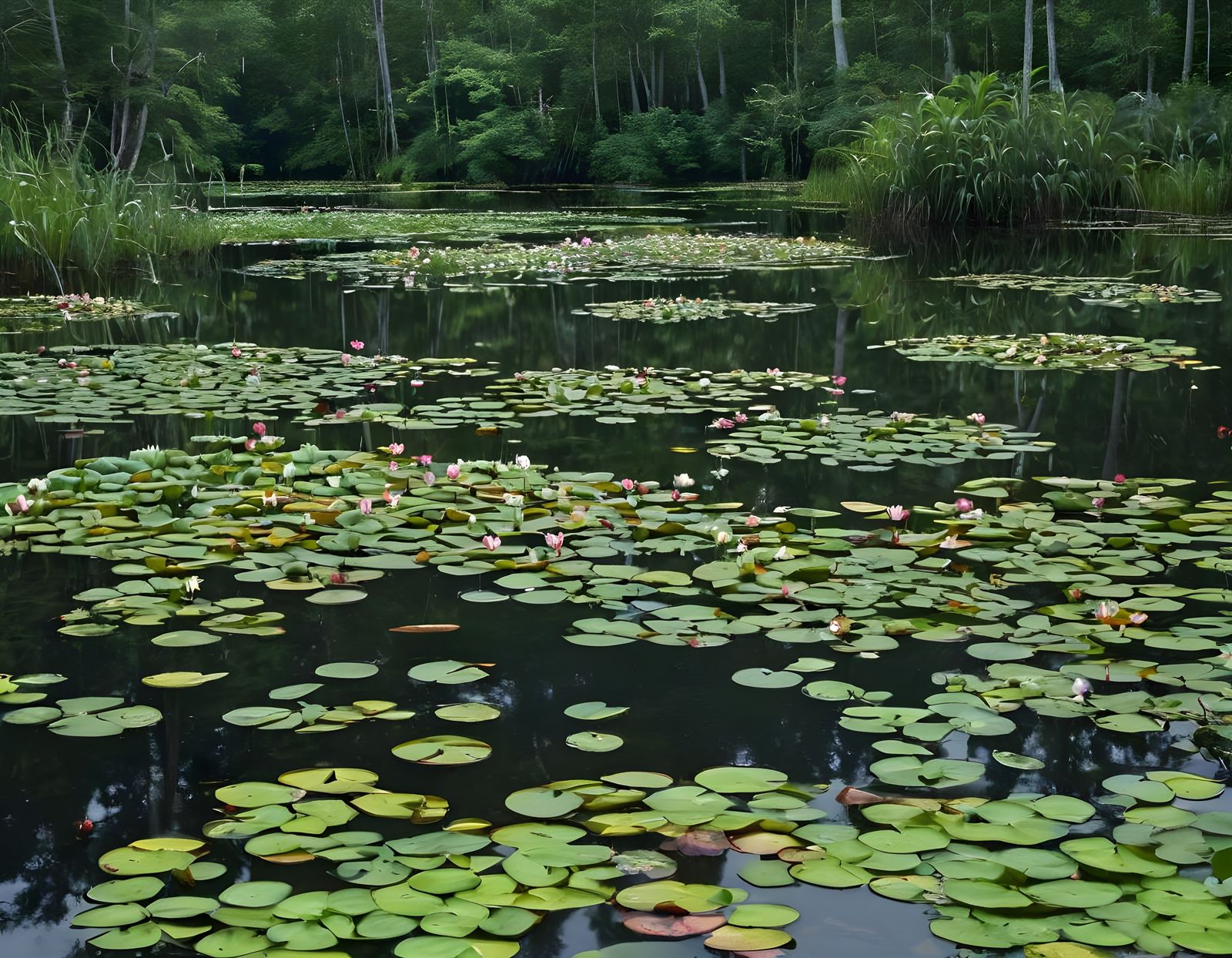 Still Pond with Water Lilies in Forest Clearing