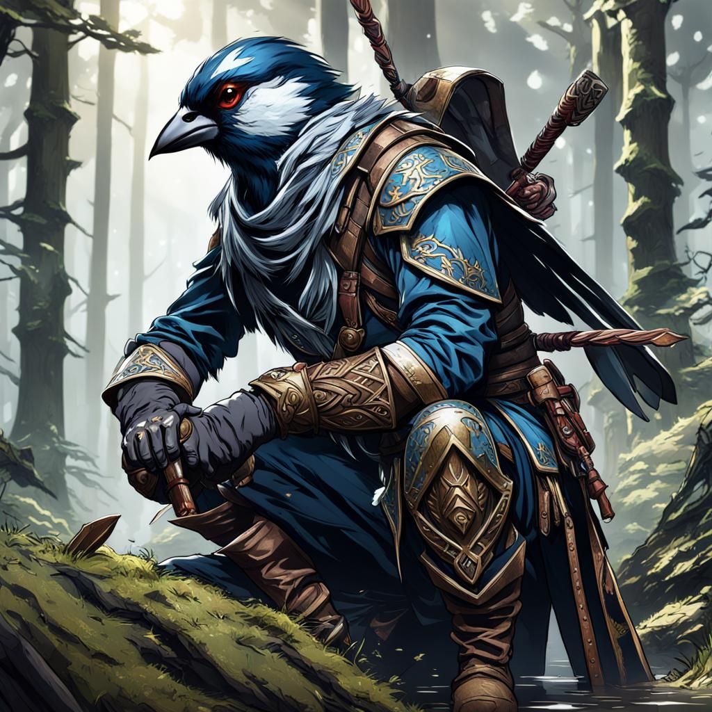 Sparrow Hengeyokai Ranger in Forest, Fantasy Art