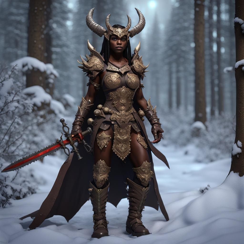 Wooden Demon Warrior in Snowy Forest, Dark Fantasy Art
