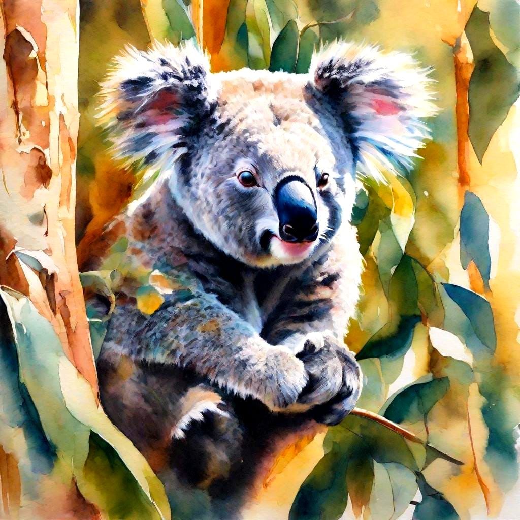 Colorful Koala in Eucalyptus Tree: Pastel Graffiti Art