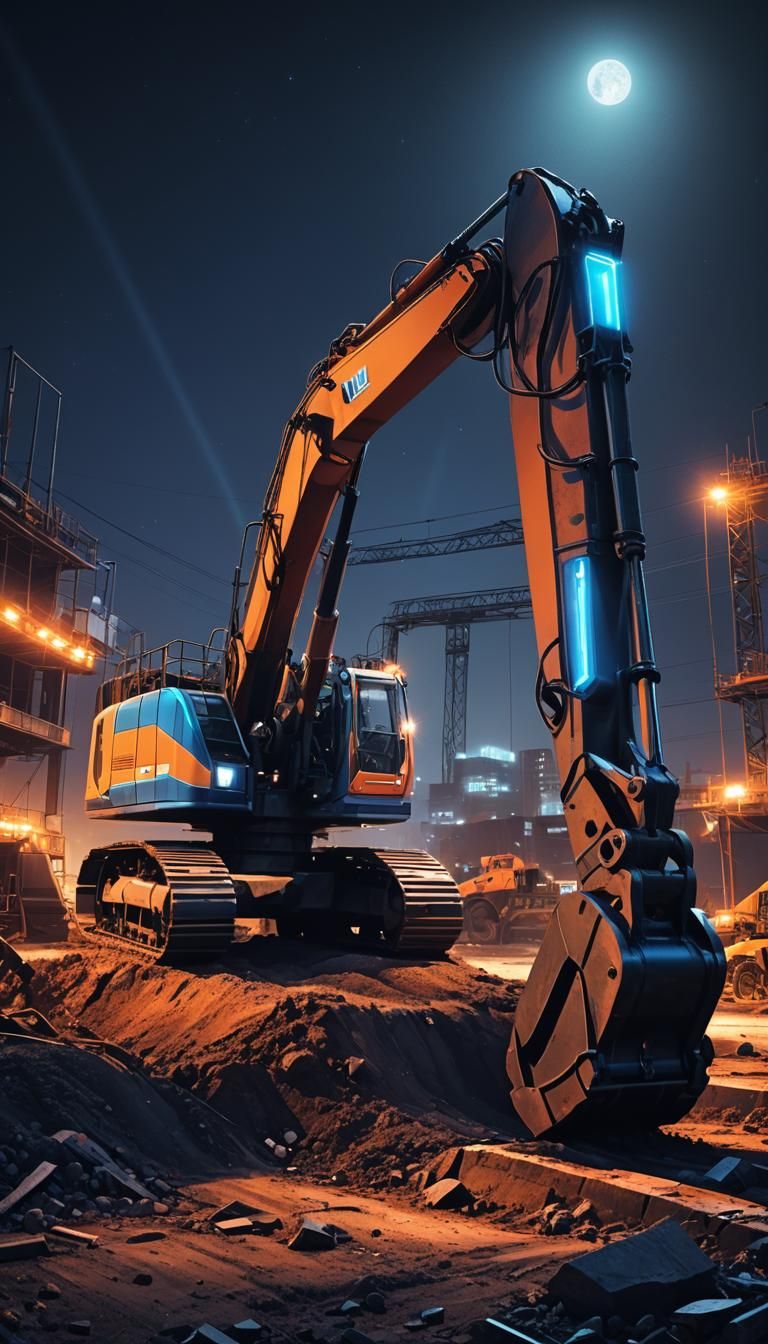 Futuristic Excavator Digs at Night in Neon-Lit Style