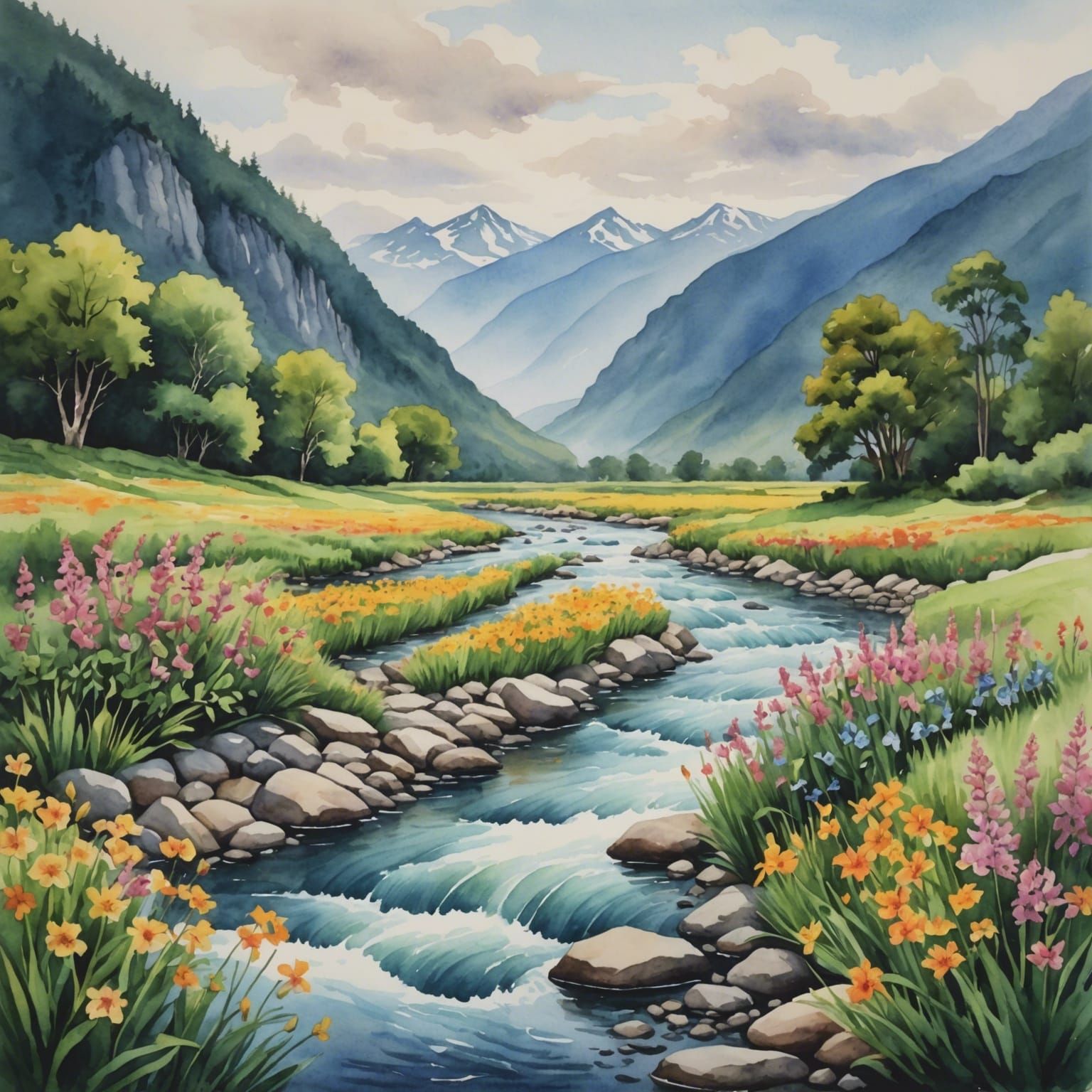 Watercolor River with Flowers and Mountain View