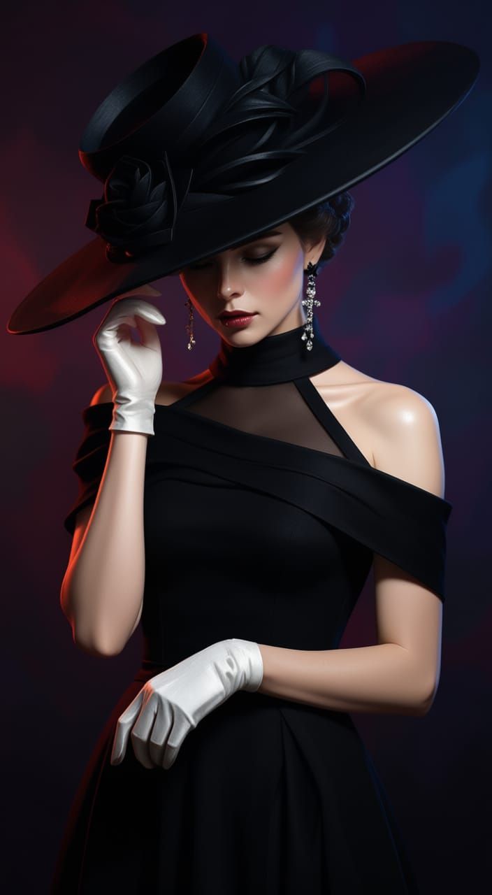 Elegant Woman in Black Gown and Feathered Hat