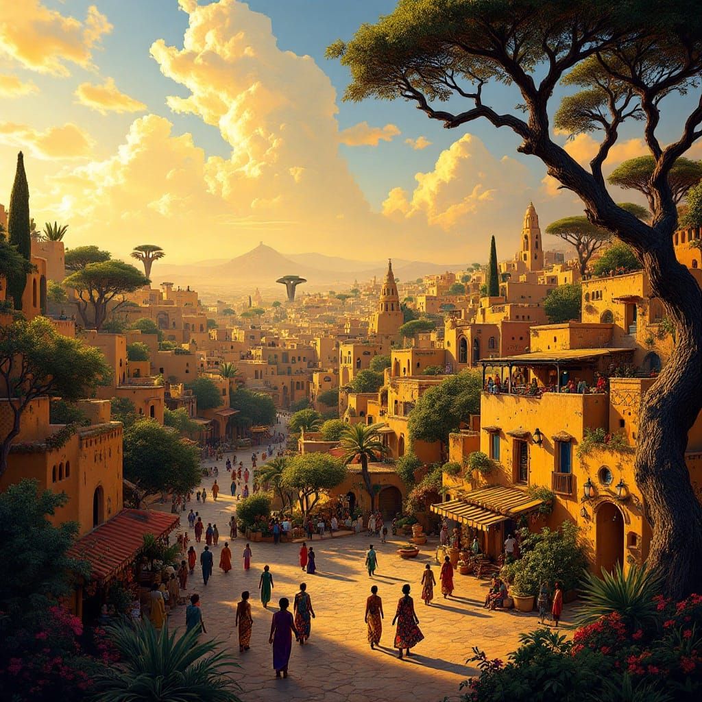 Afrofuturist Cityscape in Vibrant Adobe Architectures