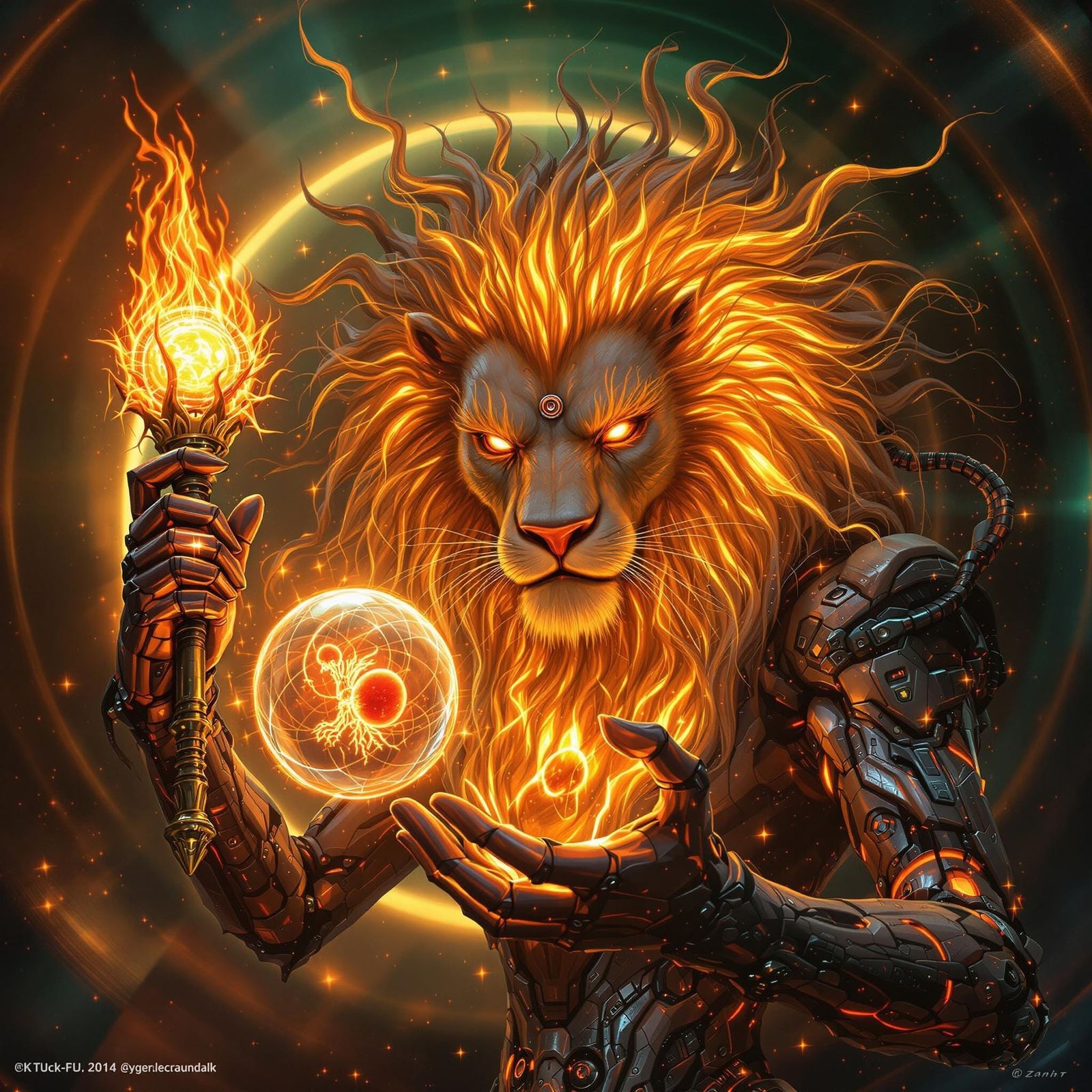 Cyborg Lion with Fiery Mane and Sun Core