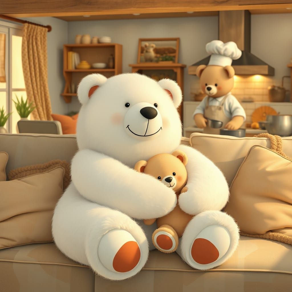 Whimsical Teddy Bear Family in Cozy Living Room Scene